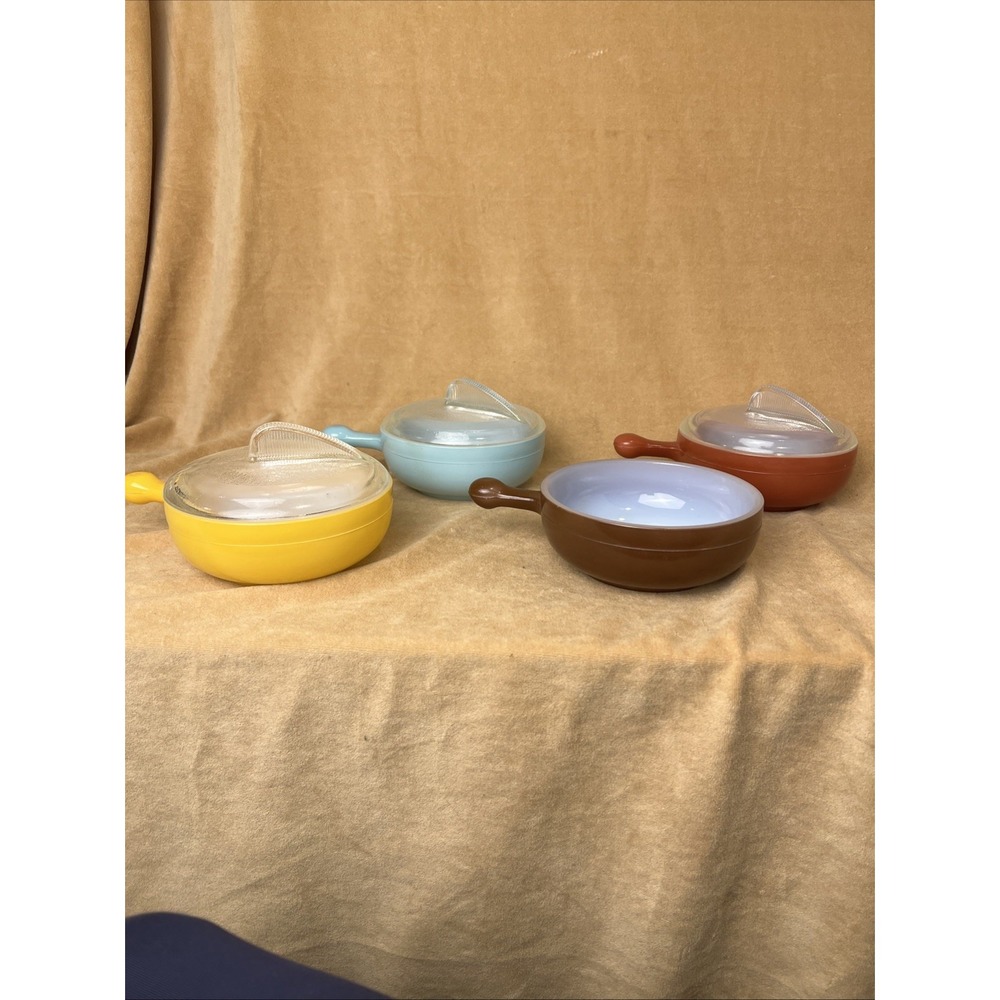 GLASBAKE GLASS CASSEROLE BOWL SET OF 4 W/ 3 LIDS VINTAGE 1950's MCM